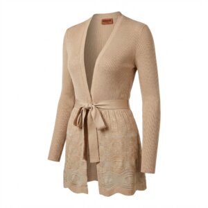 Beige Belted Long Cardigan - 38